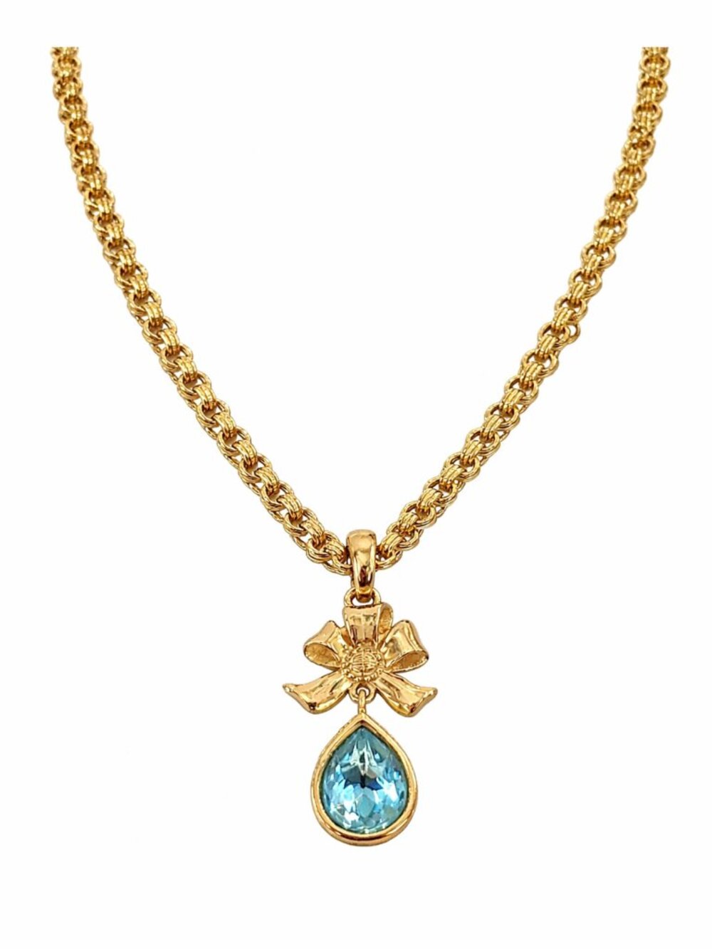 Vintage Givenchy Bow Pendant Necklace Blue Teardrop Crystal Gold